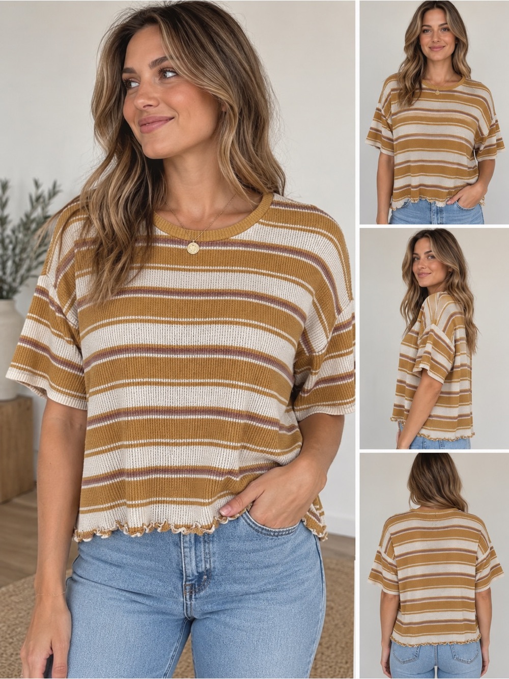 American Eagle Outfitters Mustard and Cream Striped Short Sleeve Tee